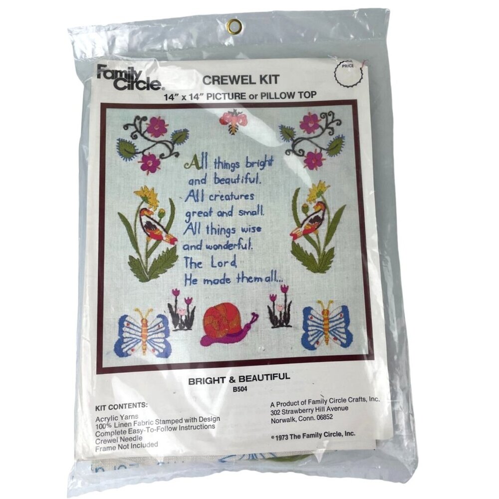 Vintage SEALED Family Circle Crewel Kit Picture Pillow 14x14 1973 Floral Poem